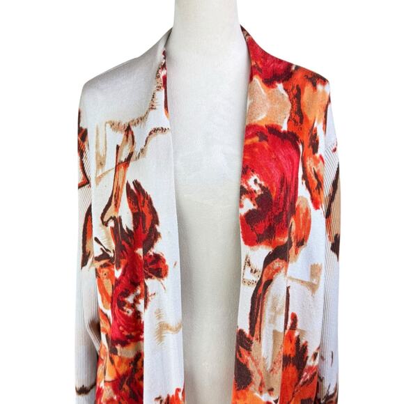 Carmen Marc Valvo 3X Plus Orange Red Beige Floral Knit Open Cardigan Sweater - Picture 7 of 11